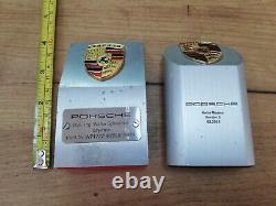 Vtg Rare Set Two Porsche Logo Emblem Pylon Aluminium Desktop Paper Weight