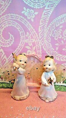 Vtg SET TWO DANCING Christmas Angels GOLD STARS & WAND Tulle Fabric WINGS