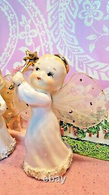 Vtg SET TWO DANCING Christmas Angels GOLD STARS & WAND Tulle Fabric WINGS