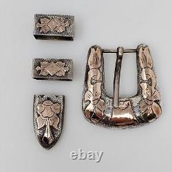 Vtg Sterling Silver 925 Ranger Belt Buckle Rose Two Tone Floral Scroll 4 Pc Set