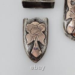 Vtg Sterling Silver 925 Ranger Belt Buckle Rose Two Tone Floral Scroll 4 Pc Set