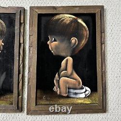 Vtg Velvet Art Big Eye Boy & Girl Toilet Bathroom Potty Set Two Paintings Mexico