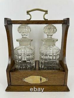 Vtg Wood Tantalus Caddy Set With Two Decanters And Key