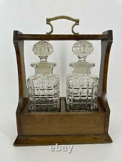 Vtg Wood Tantalus Caddy Set With Two Decanters And Key