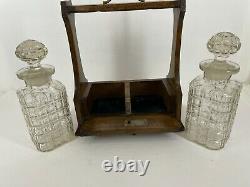 Vtg Wood Tantalus Caddy Set With Two Decanters And Key