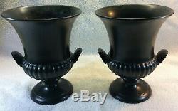 WEDGWOOD Vintage Ravenstone Matte Black Urn/Vase with Shell Handles Set of Two