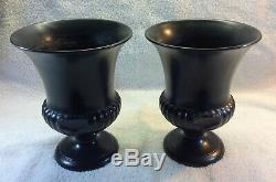 WEDGWOOD Vintage Ravenstone Matte Black Urn/Vase with Shell Handles Set of Two