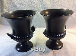 WEDGWOOD Vintage Ravenstone Matte Black Urn/Vase with Shell Handles Set of Two