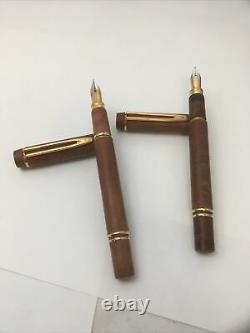 Waterman Le Man 100 Briarwood Set Of Two (2) Fountain Pens & Green Leather Case
