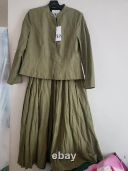 Zara Set Wrinkled Cropped Jacket + Full Skirt Zw Collection Sz L Green BNWT