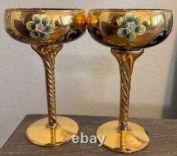2 verres à champagne MURANO Tre Fuochi vintage avec overlay en or 24 carats, soufflés à la main, 7