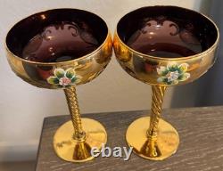 2 verres à champagne MURANO Tre Fuochi vintage avec overlay en or 24 carats, soufflés à la main, 7