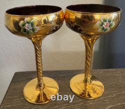 2 verres à champagne MURANO Tre Fuochi vintage avec overlay en or 24 carats, soufflés à la main, 7