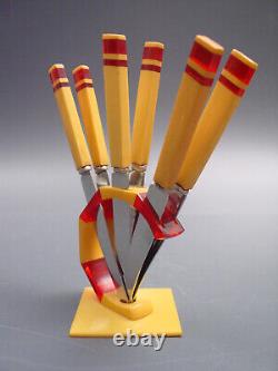ART DECO ensemble de couteaux à fruits en BAKELITE bicolore, couverts bauhaus des années 1920 en catalin lucit
