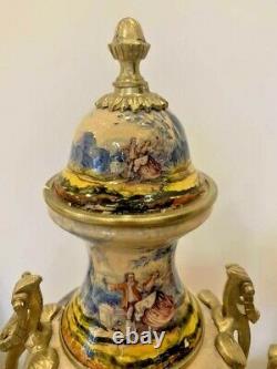 Antique Original 20ème Serti De Porcelaine Française Deux Vases Bronze Pièce Centrale 70 CM