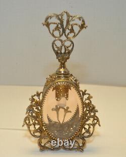 Antique Ormolu Filigree Vanity Set Beveled Clear Glass Two Bottles & Jewelry Box
