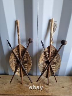 Bouclier authentique de guerrier zoulou en véritable peau d’animal, décor tribal unique (lot de deux)