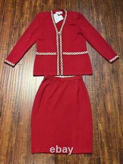 COLLECTION ST. JOHN Cardigan et Jupe Tricot Rouge Russe Or Taille 4