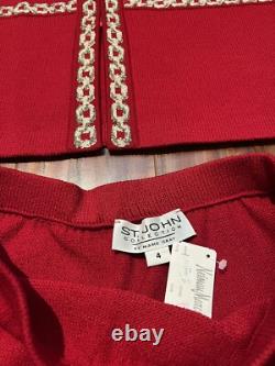 COLLECTION ST. JOHN Cardigan et Jupe Tricot Rouge Russe Or Taille 4