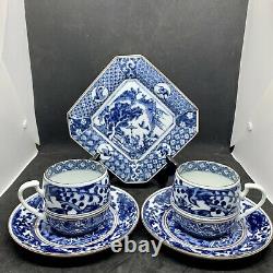 Ching-te-chen Blue & White Chine. Ensemble De Thé Pour Deux. 3 Assiettes, 2 Sauces Et 2 Tasses