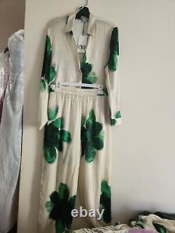 Collection Co-ord ZARA Ensemble Chemise Fluide & Pantalon Pyjama Floral Écru/Vert Taille L NW