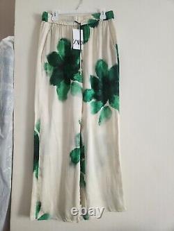 Collection Co-ord ZARA Ensemble Chemise Fluide & Pantalon Pyjama Floral Écru/Vert Taille L NW