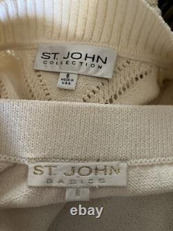 Collection ST JOHN Costume 2PC Santana Tricot Crème Veste Zippée Complète & Ensemble Jupe 6 8