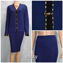 Collection ST. JOHN Veste bleue Jupe XL 14 16 Ensemble 2 pièces Boutons dorés Bordure noire