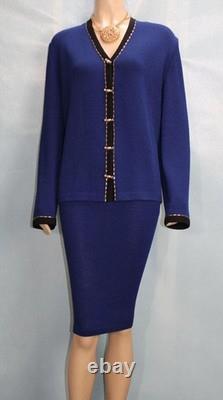 Collection ST. JOHN Veste bleue Jupe XL 14 16 Ensemble 2 pièces Boutons dorés Bordure noire