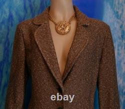 Collection ST JOHN Veste et jupe en maille marron, ensemble 2 pièces taille L 12 10, crème et noir, col chemise