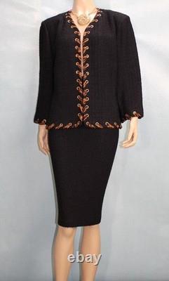Collection ST. JOHN Veste noire Jupe Taille L 12 10 Ensemble 2 pièces bordure en soie marron