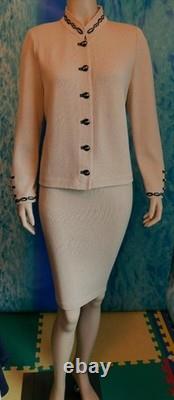 Collection ST. JOHN en maille Veste beige Jupe L 10 12 Ensemble 2 pièces Boutons Broderie
