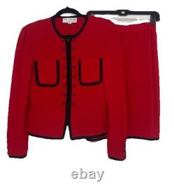 Collection St. John Ensemble en Tricot 2 Pièces Veste Jupe Femme 2 Rouge/Noir Vintage USA