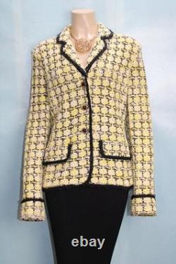 Collection St. John Jupe Yellow Jacket Taille L 10 12 Costume 2 pièces Bord noir Boutons