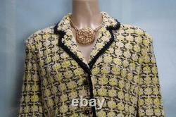 Collection St. John Jupe Yellow Jacket Taille L 10 12 Costume 2 pièces Bord noir Boutons