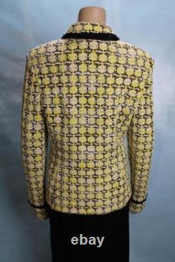 Collection St. John Jupe Yellow Jacket Taille L 10 12 Costume 2 pièces Bord noir Boutons