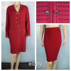 Collection St. John Tricot Rouge Long Veste Jupe XL 14 16 Costume 2 pièces Boutons Poches