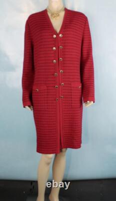 Collection St. John Tricot Rouge Long Veste Jupe XL 14 16 Costume 2 pièces Boutons Poches
