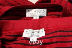 Collection St. John Tricot Rouge Long Veste Jupe XL 14 16 Costume 2 pièces Boutons Poches