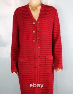Collection St. John Tricot Veste Longue Rouge Jupe XL 14 16 Ensemble 2 pièces Boutons Poches