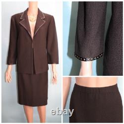 Collection St. John Tricot Veste Marron Jupe Taille L 12 10 Costume 2 pièces avec bordure cloutée