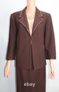 Collection St. John Tricot Veste Marron Jupe Taille L 12 10 Costume 2 pièces avec bordure cloutée