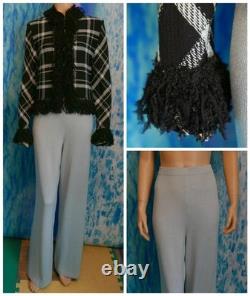 Collection St John Tricots Veste noire et bleue Pantalon L 10 12 Costume 2 pièces Franges Fermeture éclair