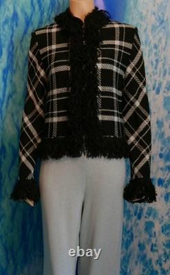 Collection St John Tricots Veste noire et bleue Pantalon L 10 12 Costume 2 pièces Franges Fermeture éclair