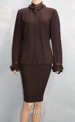 Collection St. John Veste Marron Jupe Taille L 10 8 Ensemble 2 pièces Boutons Clous Bord en Fourrure