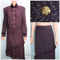 Collection St John Veste Tricot Prune Jupe Taille L 14 12 Costume 2 pièces Bordure Frangée Dorée