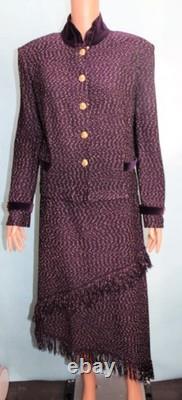 Collection St John Veste Tricot Prune Jupe Taille L 14 12 Costume 2 pièces Bordure Frangée Dorée
