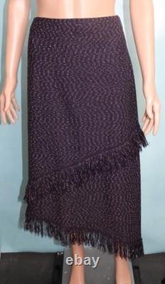 Collection St John Veste Tricot Prune Jupe Taille L 14 12 Costume 2 pièces Bordure Frangée Dorée