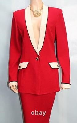 Collection St. John Veste Tricot Rouge Jupe Taille L 12 10 Ensemble 2 pièces Bordure Blanche Noire