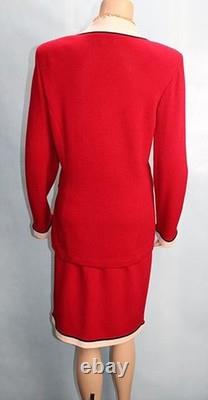Collection St. John Veste Tricot Rouge Jupe Taille L 12 10 Ensemble 2 pièces Bordure Blanche Noire